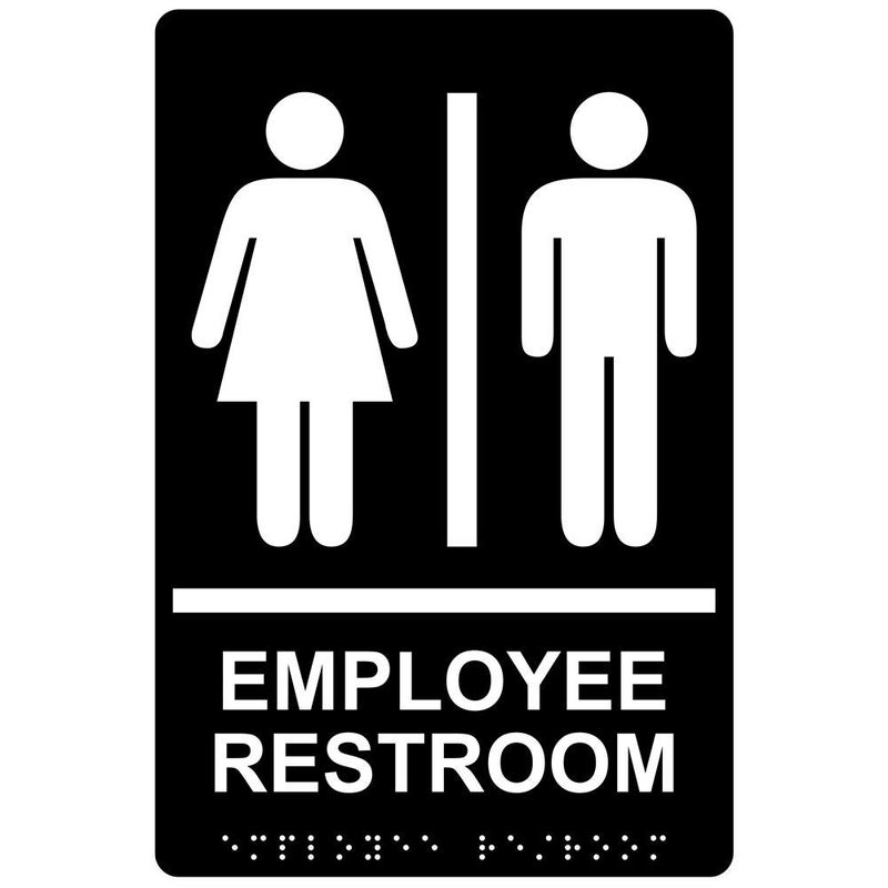 ComplianceSigns.com Employee Restroom Sign, ADA-Compliant Braille and Raised Letters, 9x6 inch White on Black Acrylic with Adhesive Mounting Strips, American Made Safety Signs for the Workplace - Image 1
